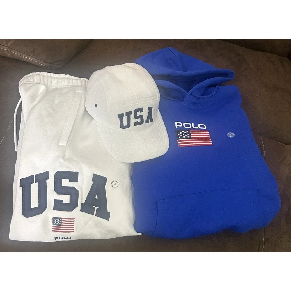 Polo Ralph Lauren Flag Fleece Hoodie Blue Pants & Hat  USA Embroidered Men's 3PC